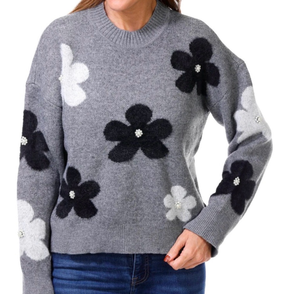 Nanette Nanette Lepore Gray Floral Intarsia Pearl Beaded Knit Sweater Small
